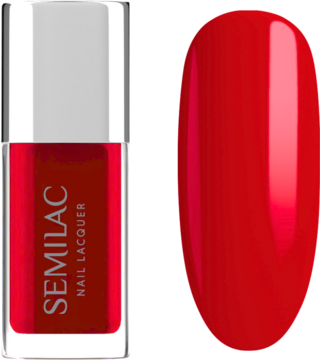 Semilac Nail Lacquer Neon Red – butelka lakieru i owalny wzornik intensywnej, błyszczącej czerwieni obok siebie.