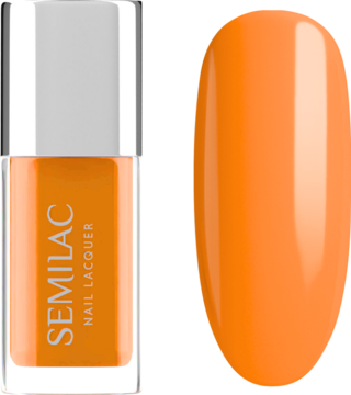 Semilac Neon Orange Nail Lacquer: butelka z srebrną zakrętką obok błyszczącego, mandarynkowego wzornika.