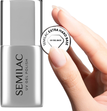 Semilac Hard Base UV Gel Polish w srebrnej butelce i dłoń z białym korkiem z napisem Extra Hard Base.
