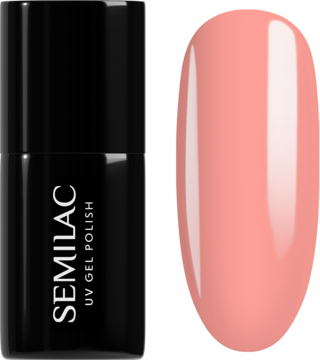 Semilac lakier hybrydowy Peach Please, pastelowy brzoskwiniowy. Czarna butelka obok próbnika koloru na białym tle.