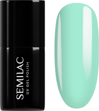 Semilac UV Gel Polish Mint to Be, czarna butelka i próbka jasnego, miętowego lakieru UV.