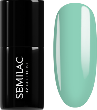 Semilac UV Gel Polish Jelly Mint, czarna butelka i błyszcząca próbka mleczno-miętowego, półtransparentnego lakieru.