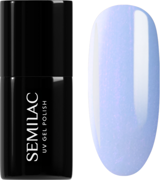 Semilac UV Gel Polish Frosty Glaze: czarna butelka i wzornik jasnoniebieskiego lakieru z fioletowym pyłkiem.