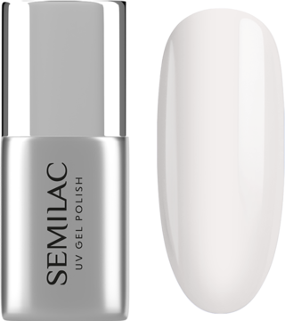 Semilac UV Gel Polish Milky Dust, srebrna butelka obok mlecznego brokatowego topu z efektem na wzorniku.