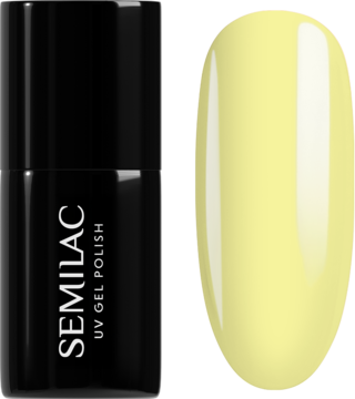 Semilac Limoncello, lakier hybrydowy, butelka i błyszczący wzornik w pastelowym żółtym odcieniu.