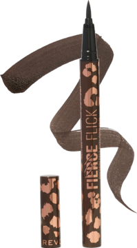 Wodoodporny brązowy eyeliner w pisaku Fierce Flick z lamparcim wzorem, odkręcona nakrętka, brązowa smużka.