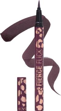 Burgundowy eyeliner w pisaku Fierce Flick z cętkami, otwarty, obok pociągnięcie kreski w tym samym kolorze.