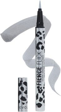 Wodoodporny eyeliner Fierce Flick, srebrny w pisaku z cętkami, otwarty, ze srebrnym śladem koloru.