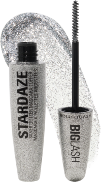Srebrny brokatowy topper do rzęs Big Lash Stardaze, z otwartą tubką i aplikatorem na tle błyszczącej smużki.