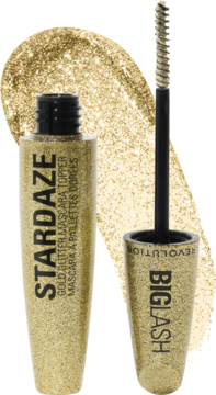 Otwarta złota brokatowa maskara Big Lash Stardaze Gold Glitter z aplikatorem. Widoczna smuga brokatu, topper do rzęs i włosów.