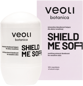 Veoli Botanica Shield Me Soft mineralny dezodorant roll-on dla skóry wrażliwej, biała kulka i różowe pudełko.