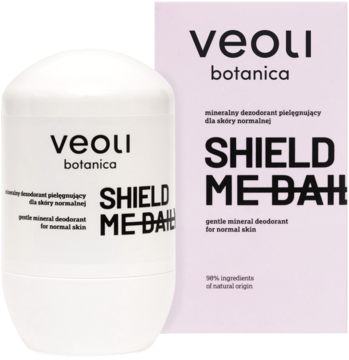 Mineralny dezodorant w kulce Veoli Botanica Shield Me Daily, biała butelka i różowe opakowanie.