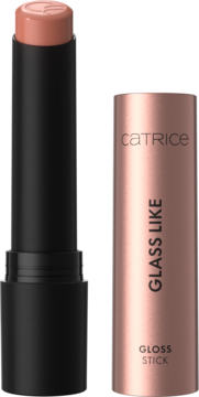 Catrice Glass Like Gloss Stick 010 Bare Ambition, brzoskwiniowy nude. Otwarty sztyft i zamknięty obok, różowozłota nakrętka.