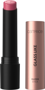 Różowy sztyft Catrice Glass Like Gloss Stick 030 z czarną oprawą, obok różowo-złota nakrętka z logo.