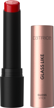 Catrice Glass Like Gloss Stick 040 Red Carpet Game, otwarty czerwony błyszczyk w czarnej oprawce z rose gold nakrętką.