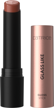 Catrice Glass Like Gloss Stick 050 Glacé Macchiato otwarta, obok cylindryczna różowozłota nakrętka z logo.