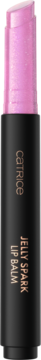 Catrice Jelly Spark Lip Balm 010 Shimmer Flex, otwarty, żelowy, transparentny, różowy balsam z brokatem w czarnej tubce.