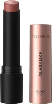 Catrice Glass Like Gloss Stick 020 w różowo-nudym odcieniu, otwarty sztyft obok miedzianej nakrętki z logo.