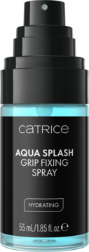Catrice Aqua Splash Grip Fixing Spray, hydracyjny, w przezroczystej butelce z turkusowym płynem, widok z przodu.