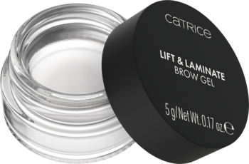 Catrice Lift & Laminate Brow Gel, otwarty biały żel w szklanym słoiczku z czarną nakrętką, widok z góry.
