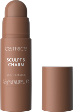 Brązowy sztyft do konturowania Catrice Sculpt & Charm, otwarty z zakrętką obok, widok z przodu.