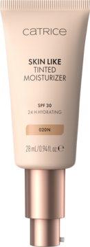 Catrice Skin Like Tinted Moisturizer 020N w beżowej tubce z pompką, SPF30 i 24H nawilżenia, widok z przodu.