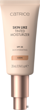 Catrice Skin Like Tinted Moisturizer SPF 30 w beżowej tubce z różowo-złotą pompką, odcień 030N, widok z przodu.