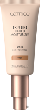 Catrice Skin Like Tinted Moisturizer SPF 30, shade 042C, 28ml, beige tube with rose gold pump, front view.