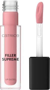 Catrice Filler Supreme Lip Gloss 020 Fairytale Filter, bladoróżowy, w przezroczystej tubce z aplikatorem obok.