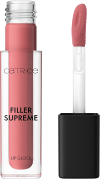 Catrice Filler Supreme Lip Gloss 030 Miss Behave, jasnoróżowy błyszczyk, przezroczysta tubka i aplikator obok.