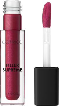 Catrice Filler Supreme Lip Gloss 040 Drama Certified. Fuksjowy błyszczyk w przezroczystej tubie i aplikator obok.
