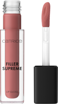 Catrice Filler Supreme Lip Gloss 050 Nude w jasnoróżowym odcieniu, tubka i aplikator z pomadką.