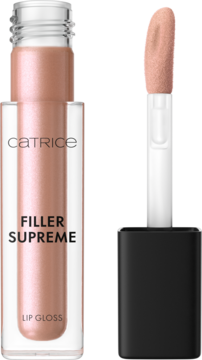 Catrice Filler Supreme Lip Gloss 080 nude, szklana tuba i wysunięty aplikator, widok z przodu.