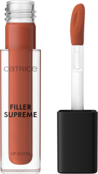 Catrice Filler Supreme Lip Gloss 100 Cinnamon Glazed, powiększający usta, brązowy w tubce z aplikatorem.