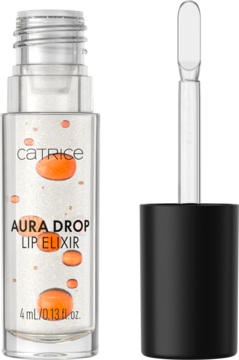 Catrice Aura Drop Lip Elixir 010 Sparkle Served. Przezroczysta butelka z pomarańczowymi kropelkami, mieniące drobinki i aplikator.
