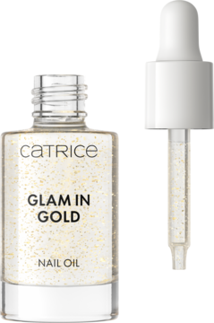 Catrice Glam In Gold olejek do paznokci w przezroczystej butelce ze złotymi drobinkami i oddzielnym zakraplaczem.