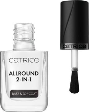 Catrice Allround 2-in-1 baza i top do paznokci, przezroczysta butelka z białą etykietą, czarny pędzelek aplikatora.