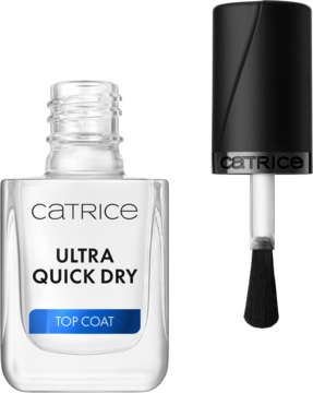 Catrice Ultra Quick Dry Top Coat w przezroczystej butelce z niebieską etykietą, obok czarna zakrętka z pędzelkiem.