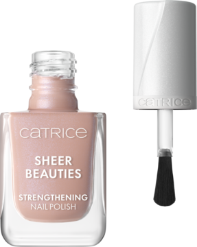 Catrice Sheer Beauties 060 Nudie Beautie, wzmacniający lakier do paznokci w szklanej butelce z pędzelkiem, odcień nude.