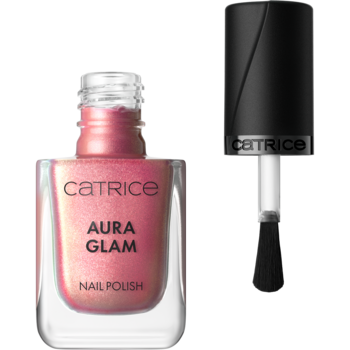 Lakier do paznokci Catrice Aura Glam 020 Solar Seduction, różowo-złoty brokat. Otwarta butelka z pędzelkiem.