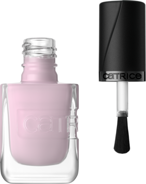 Catrice GEL AFFAIR 048 Frosted Crush, jasnoróżowy lakier do paznokci w otwartej butelce, pędzelek z boku.