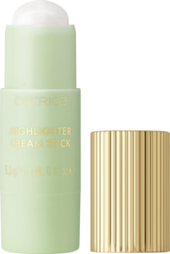 Catrice Highlighter Cream Stick, otwarty, z wysuniętym produktem i złotą, ryflowaną nakrętką obok.