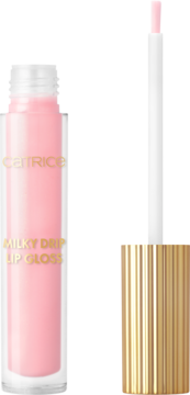 Catrice Milky Drip Lip Gloss, mlecznoróżowy w przezroczystym opakowaniu, złote napisy, widok z przodu z aplikatorem.