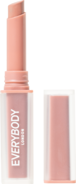 EVERYBODY LONDON Velvet Matte pomadka w kolorze nude, otwarta z sztyftem, obok przezroczysta nakrętka.