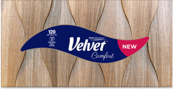 Wavy etykieta Velvet Comfort z napisem NEW na tle rzeźbionego jasnego drewna, informująca o 120 chusteczkach.