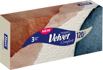 Velvet Comfort chusteczki higieniczne 3-warstwowe, pudełko z brązowo-niebieskim wzorem, widok z przodu pod kątem. 120 sztuk.