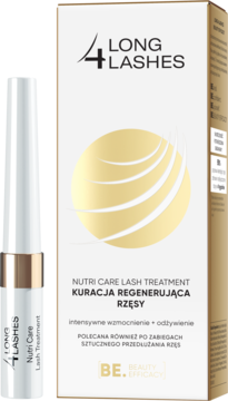 Biała tubka i złote opakowanie Long 4 Lashes Nutri Care Lash Treatment, widok z przodu, kuracja regenerująca rzęsy.