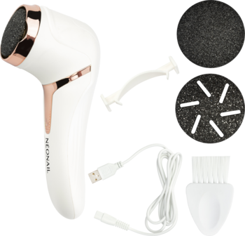 Biały elektryczny pilnik do pięt NEONAIL z różowozłotymi detalami i trzema wymiennymi tarczami, widok pod kątem.