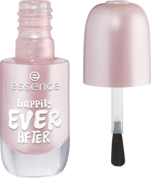 Perłowy różowy lakier do paznokci essence 06 happily EVER AFTER w otwartej butelce z widocznym pędzelkiem.