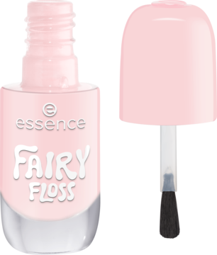 Lakier Essence 07 FAIRY FLOSS, pastelowy róż, otwarta butelka z pędzelkiem do żelowego manicure.
